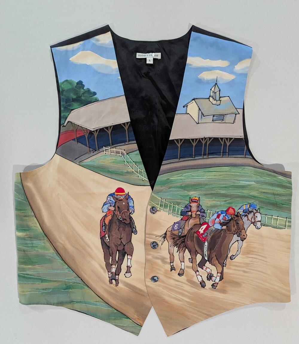 Robert Daskal Vest Mens L Multicolor Silk Hand Painted Horse Racing Jockey Art